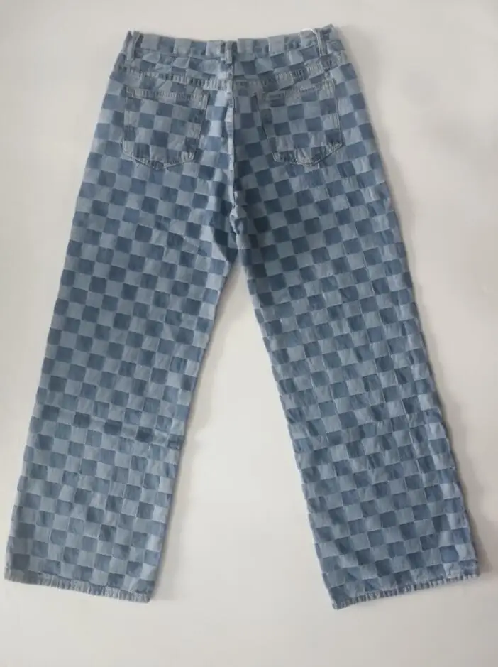 

New Women's Loose Retro Personality Denim Plaid Straight Wide Leg Pants