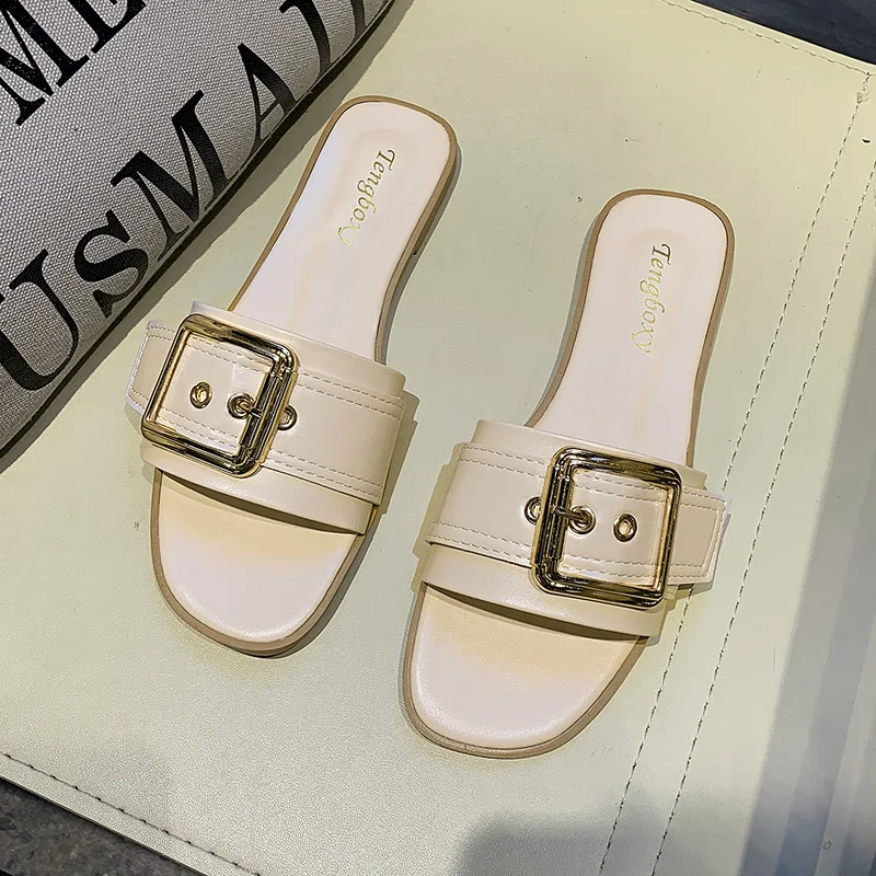 

2021 Summer Versatile Women's Shoes Square Button Flip Flop Women's Flat Sandals Fashion Casual Students Sandals