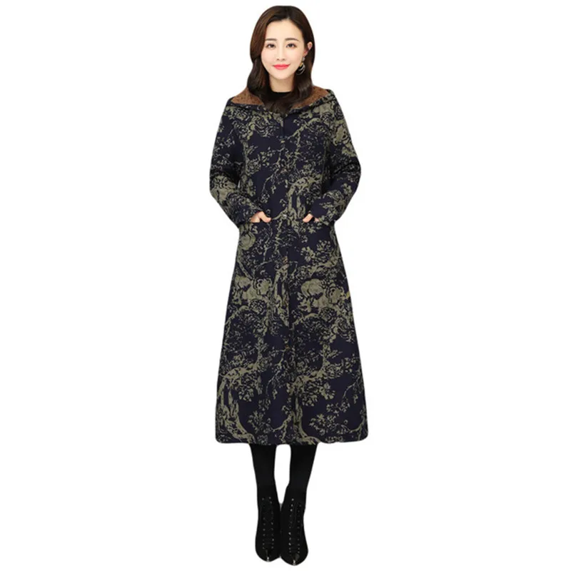 

Women's Cotton Coat 2019 Ethnic-Style Trend Literature Art Thick Warm Printed Trench Coat Autumn Winter Long Cotton Overcoat