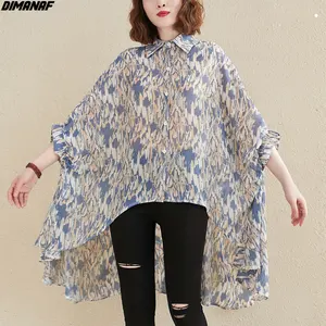 Женская шифоновая блузка DIMANAF, свободная Повседневная Блузка в пляжном стиле с принтом, рубашка в стиле оверсайз, на пуговицах, на лето