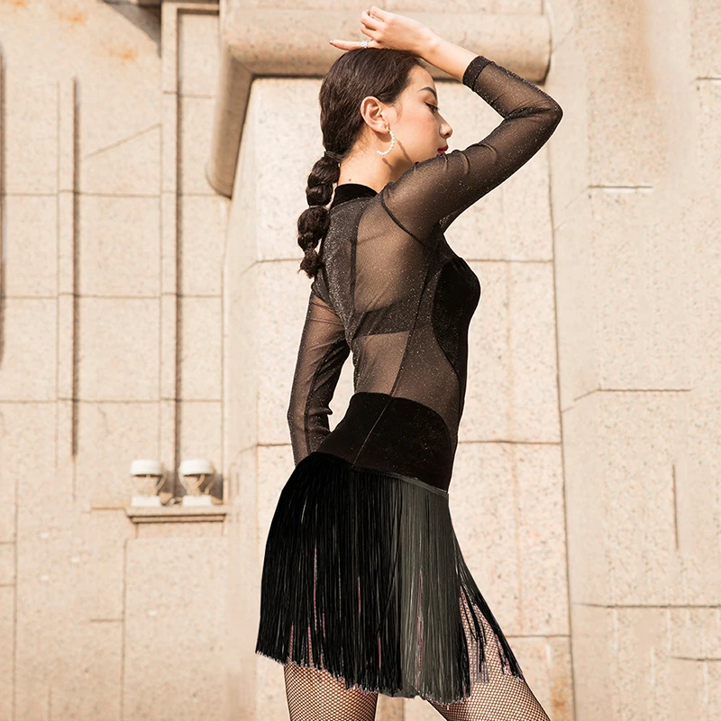 Женское платье для латиноамериканских танцев черное бальных ча-самбы румбы