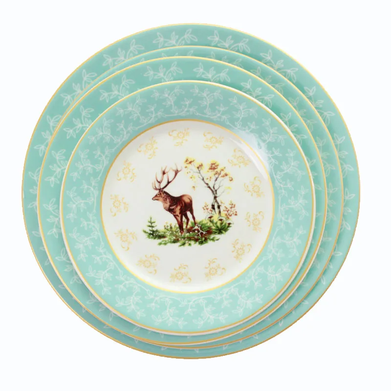 

Round Steak Plate Hand-Painted Elk Dishes Ceramic Dinner Illustration Restaurant Dinnerware Full Set Tableware 1pcs/set