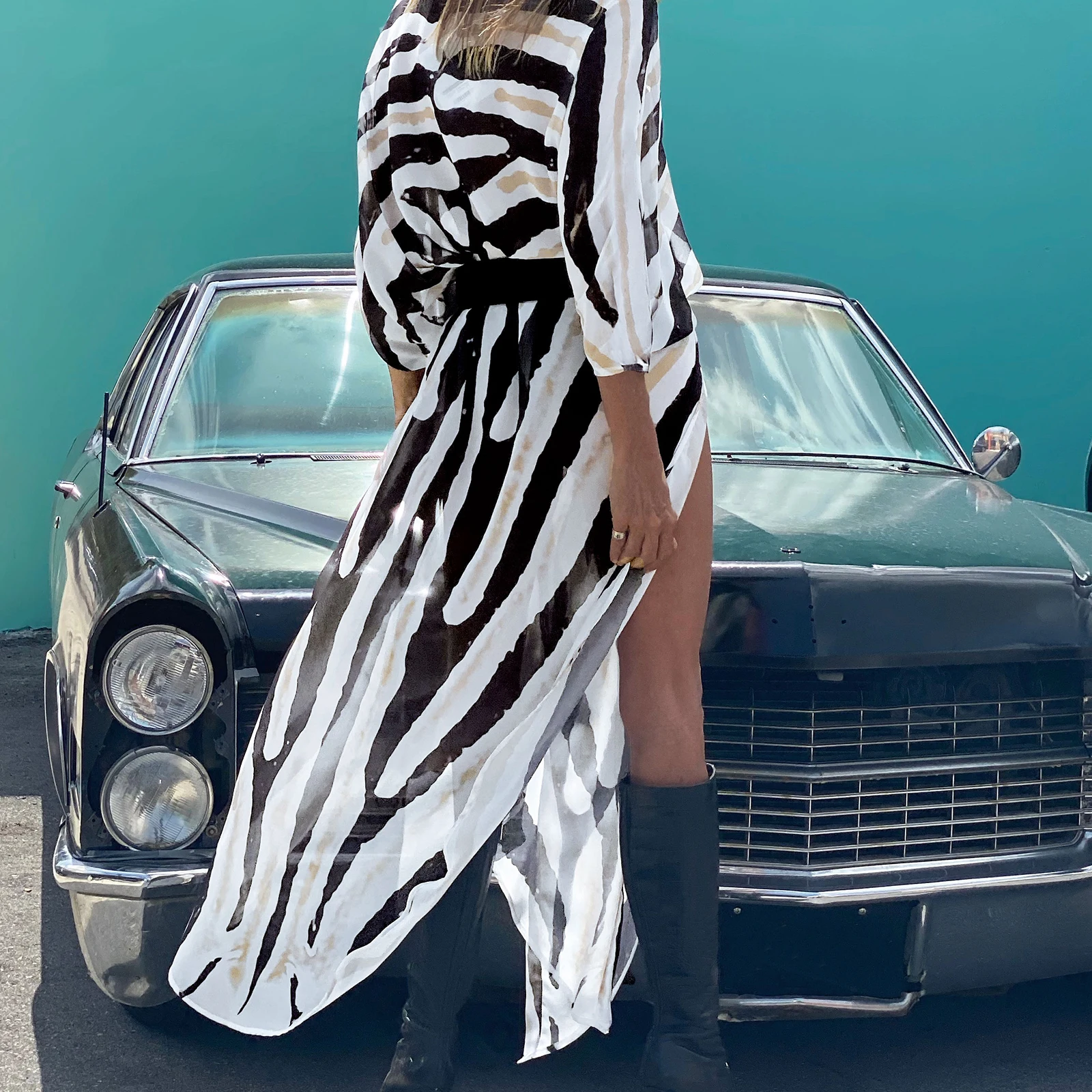 Женская Длинная накидка на купальник шифоновое кимоно с высоким разрезом и