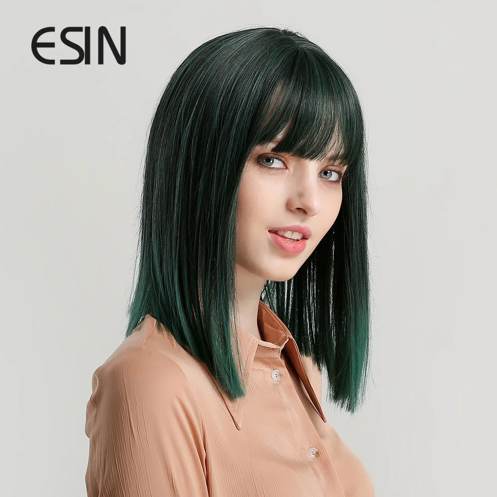ESIN Синий Зеленый средней длины прямой боб парик с челкой Косплей парики для