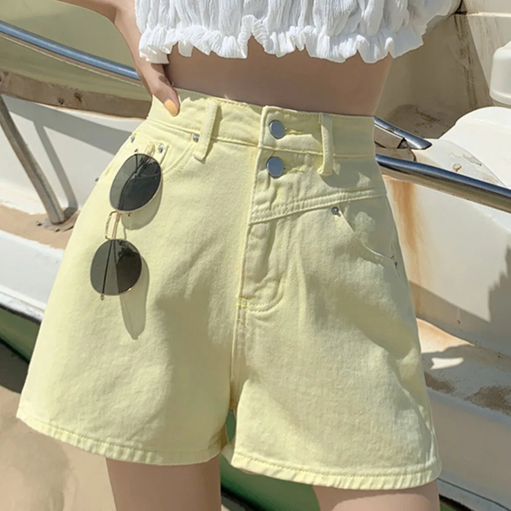 

Korean Summer 2021 New Demin Shorts Women High Waist Button Wigh Leg Jeans Shorts Casual Female Loose Fit Soild Shorts