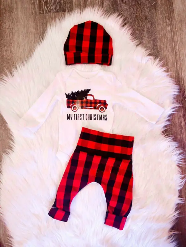 Newborn Baby Boys Girls Christmas Long Sleeve Bodysuit White Letters Print Tops Red Plaid Pants with Cap 3pcs Kids Clothes | Детская