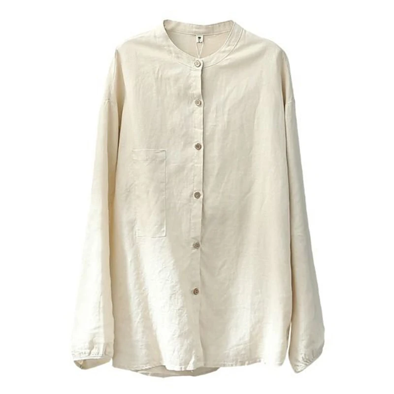 Женская блузка с длинным рукавом из хлопка и льна круглым вырезом | одежда