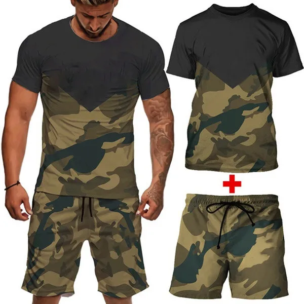 

2021 Men's Camouflage Short Sleeve Shorts Two Piece Sport Suit for Leisure Fitness Casual Suit Male Summer