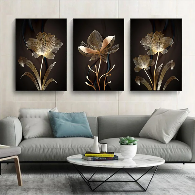 Abstract Golden Flower Plant Picture Wall Poster Modern Style Canvas Painting Posters and Prints Living Room Unique Decoration | Дом и сад