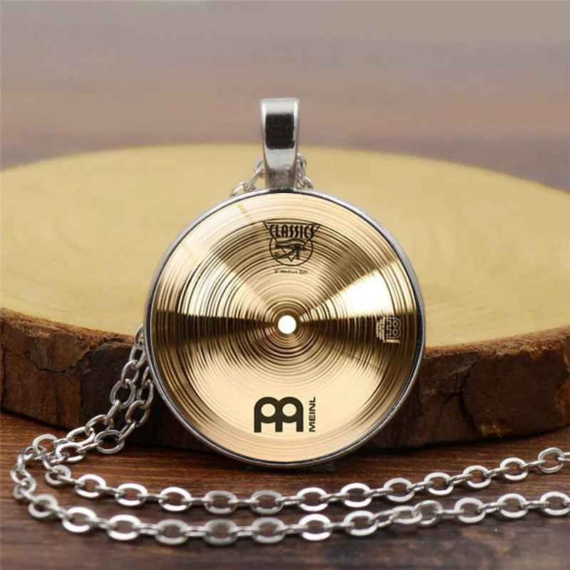 

Fashion Musical Instruments Pendant Necklace Glass Round Cabochon Jewelry Drummer Cymbals Necklaces for Men Women Gift