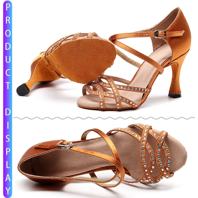 Salsa Jazz Dance Female Women Latin Dancing Shoes Ballroom Outdoor Practice Social Dancers Stylish High Heel Tan