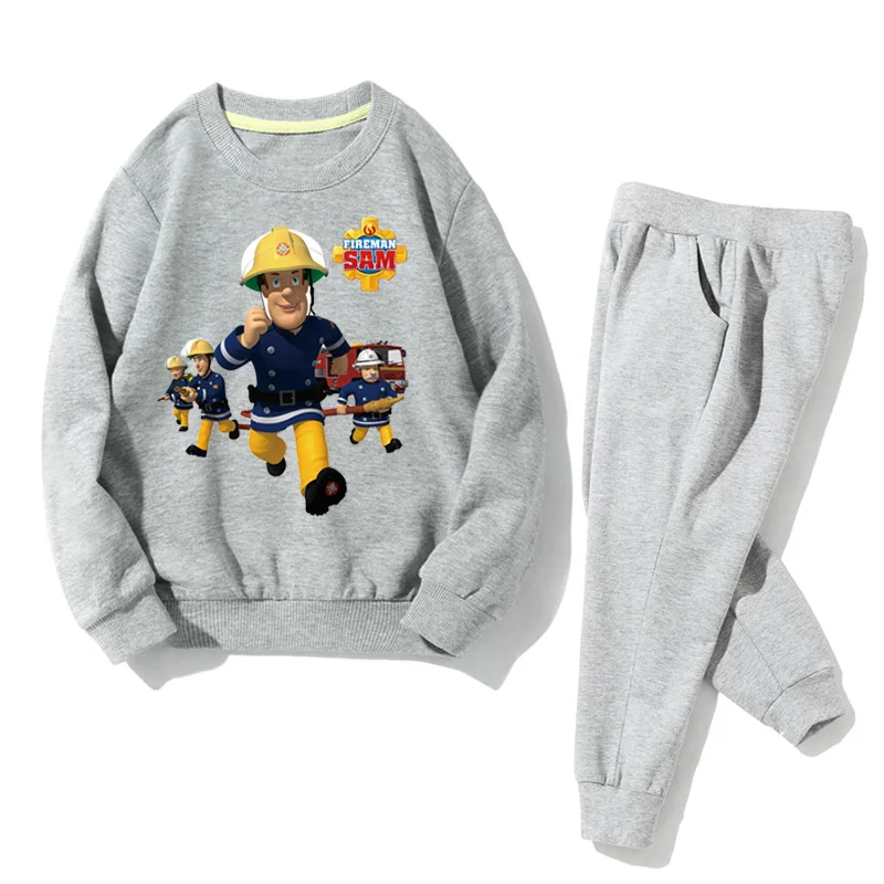 Детские осенние спортивные костюмы, комплекты одежды с принтом пожарного Сэма, пуловер для мальчиков и девочек, пальто+ штаны, комплект одежды из 2 предметов, JZ065
