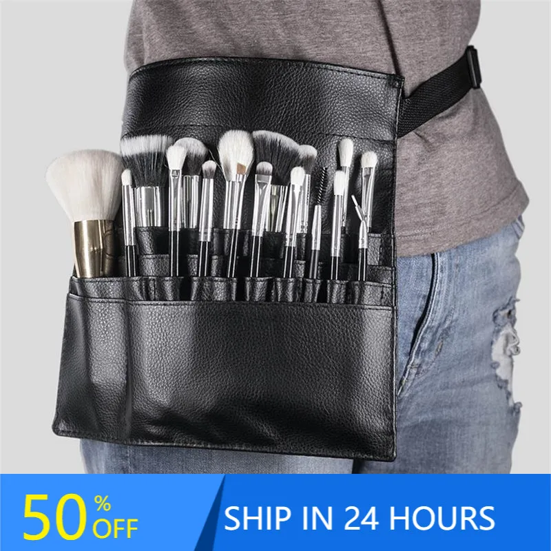 Multi-function Large Capacity Black PU Cosmetic Bag Waist Bag Makeup Brush Bag With Belt For Professional Makeup Artist 20#702