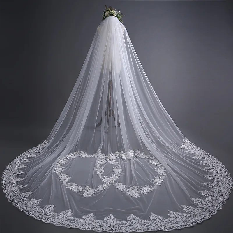 

Popodion Long Veil Wedding Accessoire Mariage 3 Meters Bridal Veil Lace Wedding Veil Cathedral with comb WAS10208