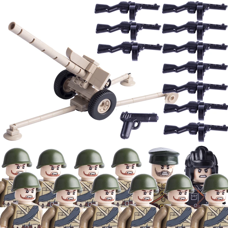 

WW2 Military Weapons Guns Cannons Accessories Building Blocks Soviet Army Soldiers Figures Helmet Mini Bricks Toys For Children