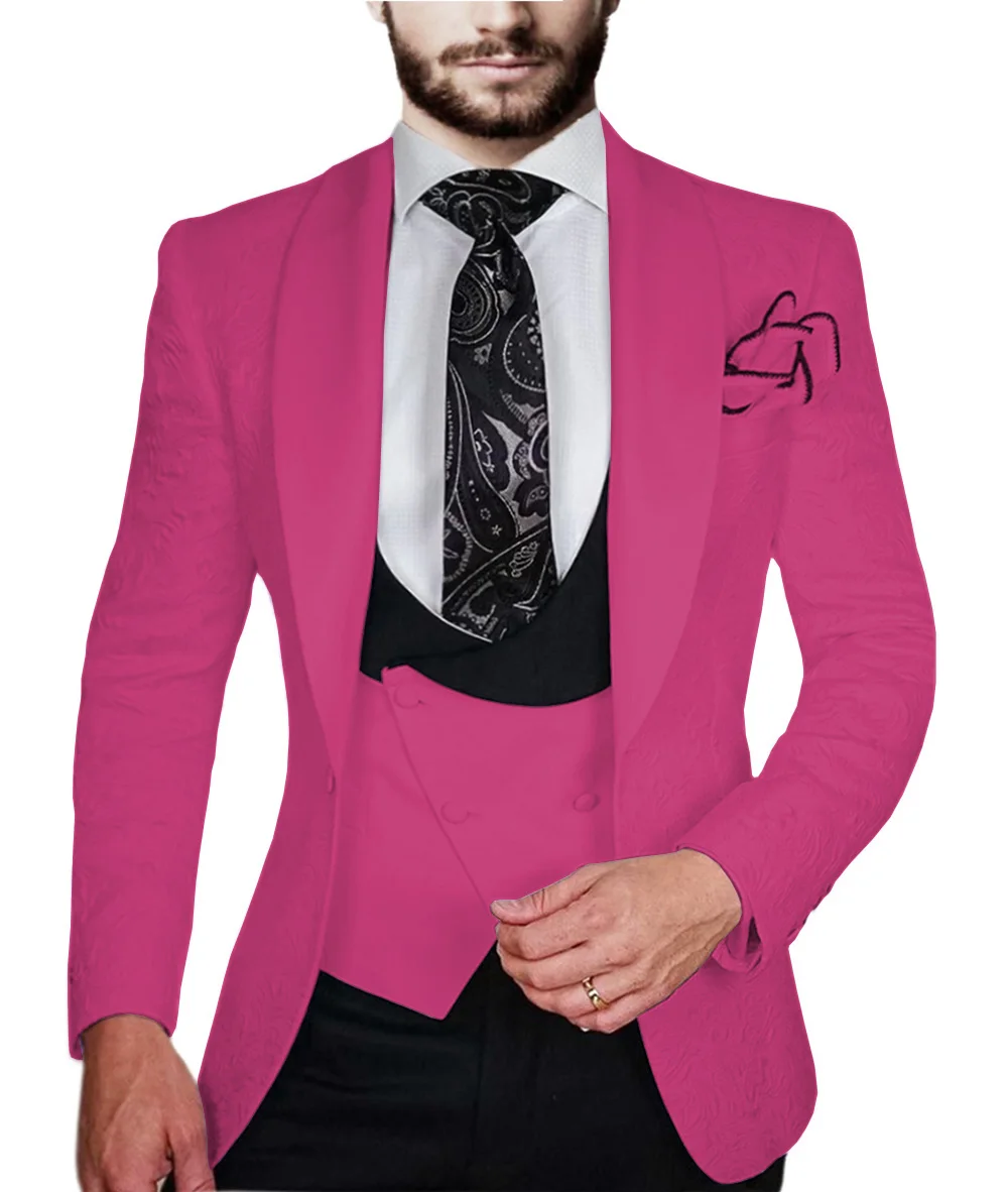 Fuchsia Новинка, мужские костюмы, 3 предмета, v-образный вырез, шаль, отвороты, смокинги, повседневные, для свадебных женихов, мужской современный костюм для мужчин(Блейзер+ жилет+ брюки - Цвет: Fuchsia