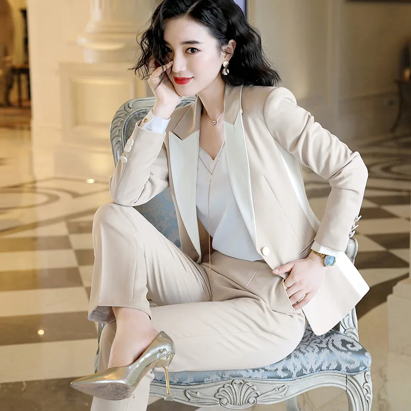 

Women's Suit Ol Work 2 Piece Set Office Jacket Coat and Pant Suit Elegant Blazer Set Female Black Apricot Outfits