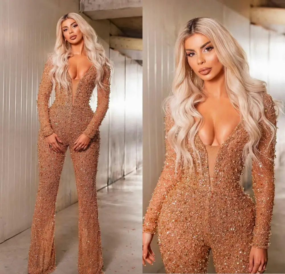 

Sexy Women Jumpsuit Evening Dresses Beaded Pearls V Neck Prom Dress 2020 Long Sleeve Custom Made Specail Robe De Soiree