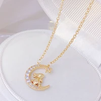 korean new arrive cute tiny rabbit necklace for women 14k real gold moon clavicle chain waterproof jewelry pendant accessories