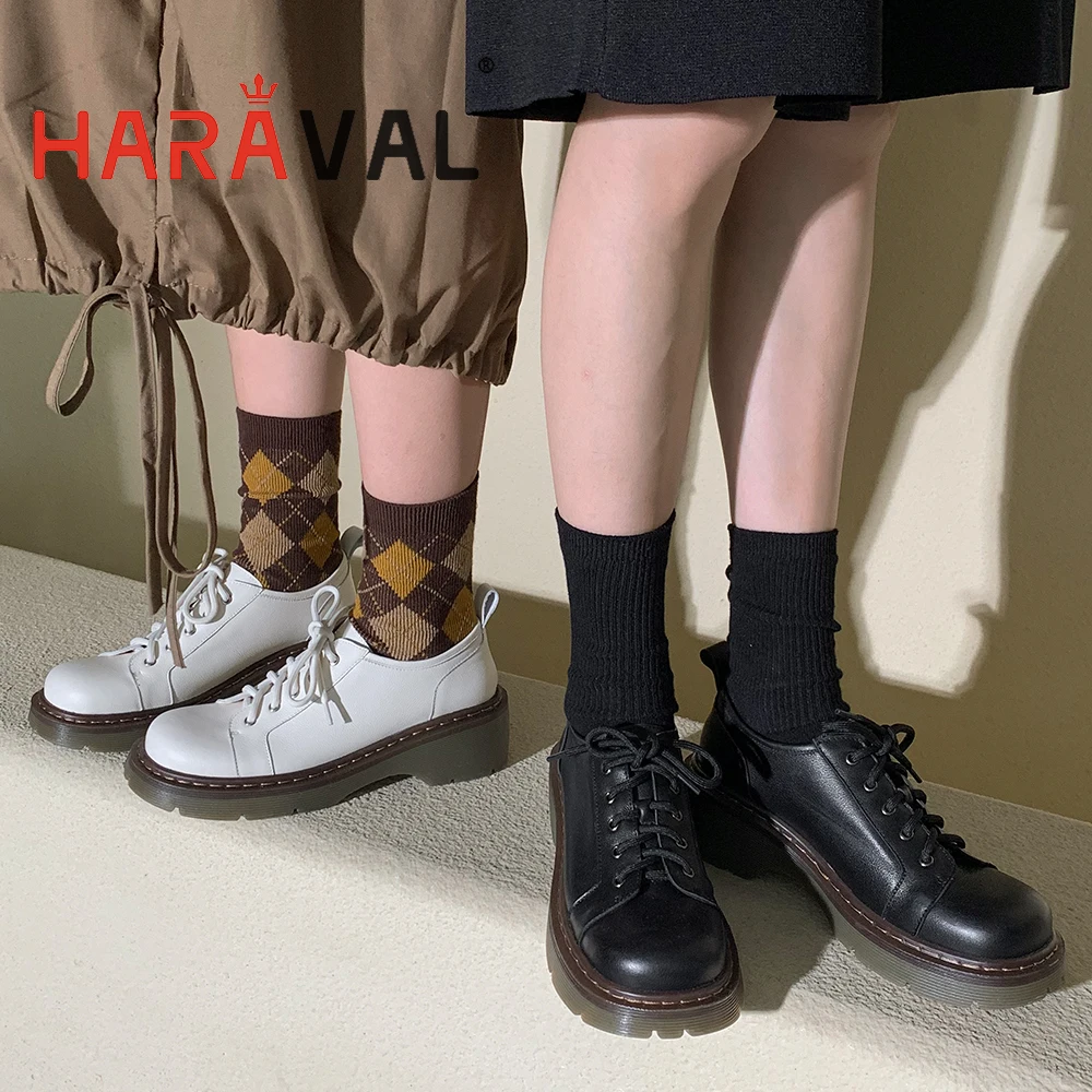 

HARAVAL Women Pumps Shoes Thick Bottom Black White Lace Up Elegant Fashion Round Toe Platform Spring Autumn Footwear Women A4