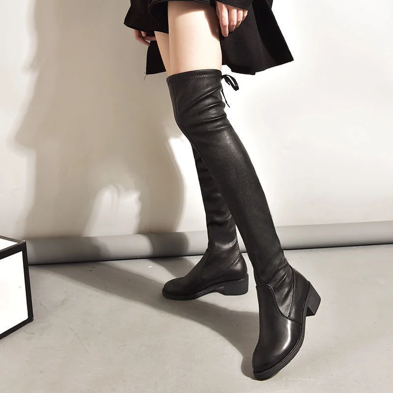 

women's Real soft leather knee high boots slim autumn winter 2020 new plush warm flat bottom elastic boots high tube boots