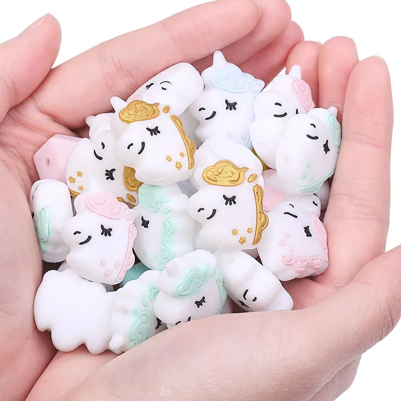 Chenkai 100PCS Silicone Unicorn Beads DIY Baby Animal Cartoon Chewing Pacifier Dummy Sensory Jewelry Teether Toy Accessories