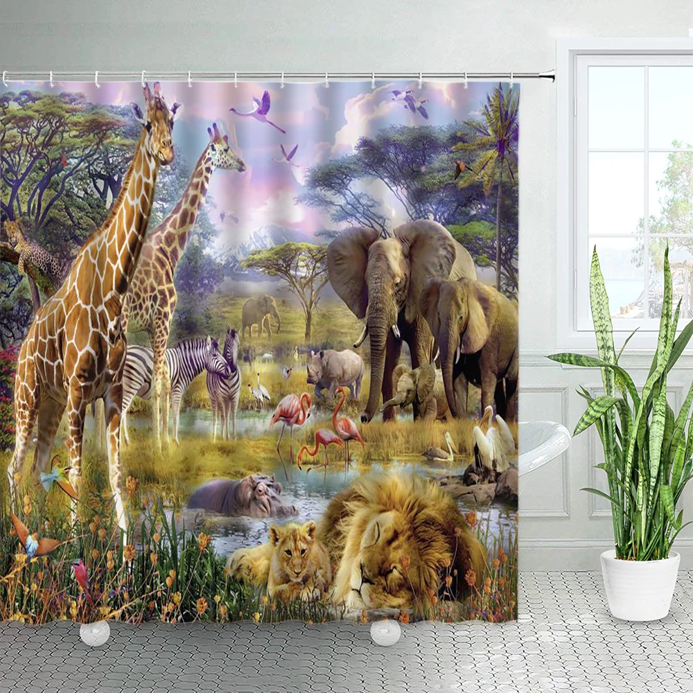 

African Wild Animals Shower Curtains Giraffe Elephant Zebra Lion Flamingo Rural Forest Wildlife Children Bathroom Decor Curtain