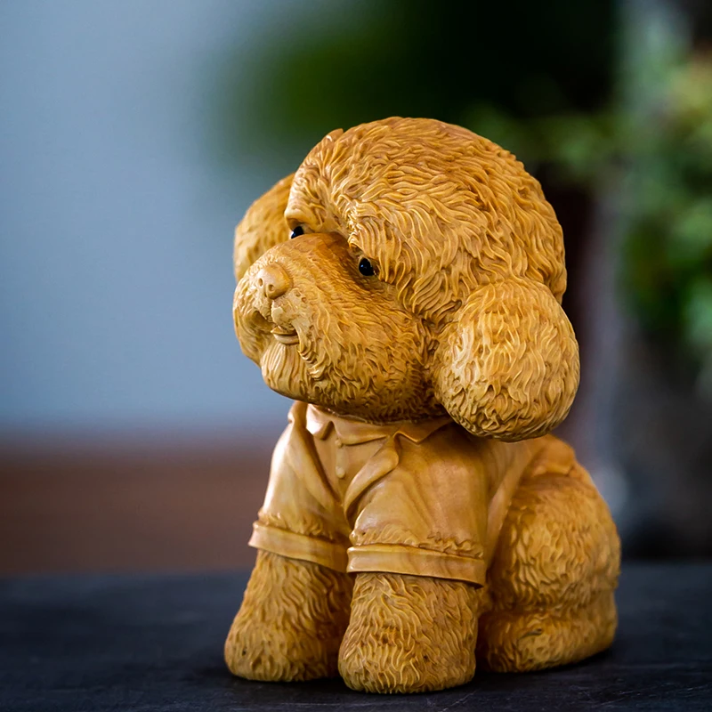 

Boxwood 6cm Teddy Dog Wood Statue Animal Cute Pet Sculpture Small House Pet Dog Home Decor
