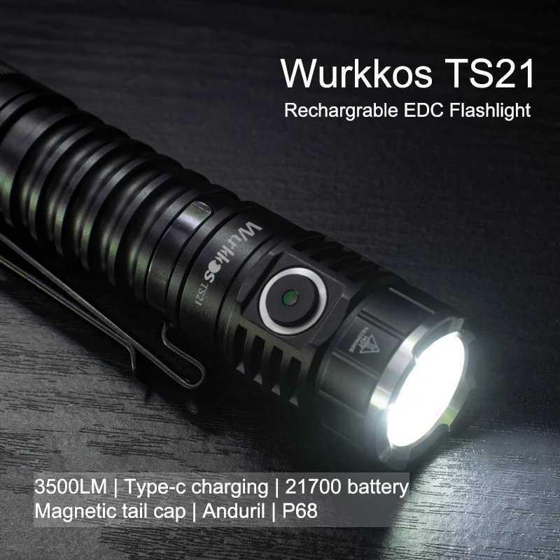 Wurkkos TS21 Rechargeable Flashlight 3500LM EDC Torch with 3* SST20 Emitter Anduril UI Magnet Tail Stainless Steel Bezel Hiking | Освещение