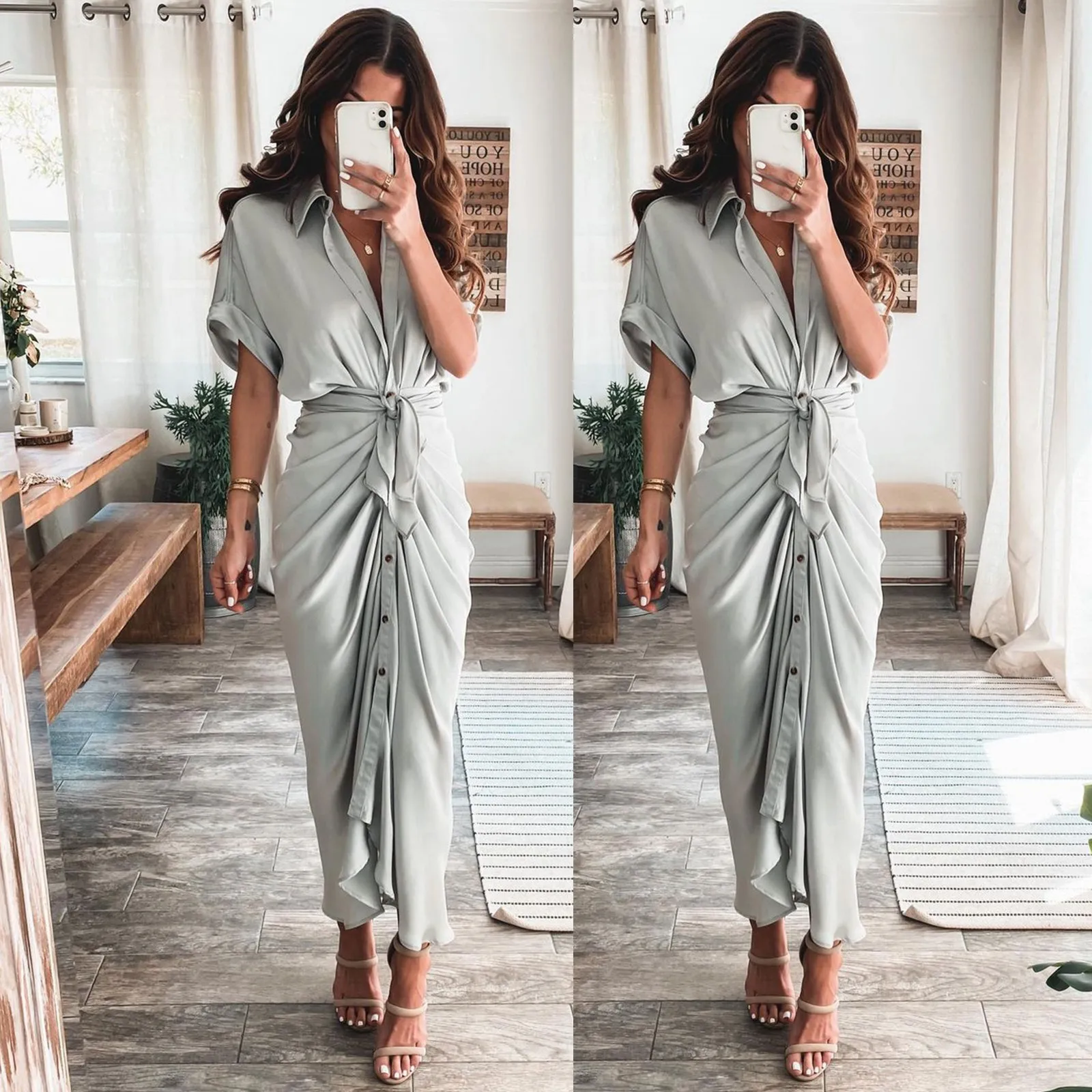 

Party Wrinkle Dress Damen Mode 2021 Kleider Womens Silk V Neck Long Dress Short Sleeve Summer Dress Lazy Style Dress#G