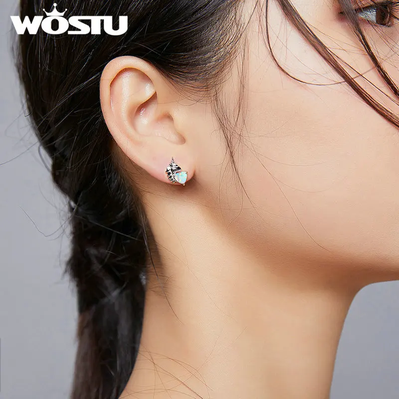 Серьги-гвоздики Wostu юникорна из серебра 925 пробы с блестящим белым опалом в форме сердца для женщин (модель FIE896).