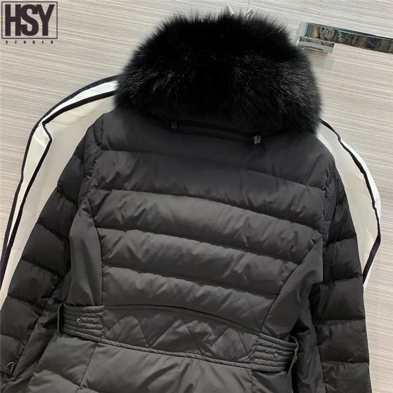 【HSY】 Осень Зима женский пуховик Белый Лисий меховой воротник 90% белый гусиный пух уличная Лыжная Талия пуховик черный/whi