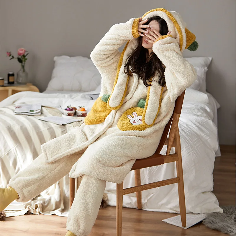 Winter Women'S Velvet Padded Pajamas Suit  Long-Sleeved Cute Hooded Ins  Two-Piece 