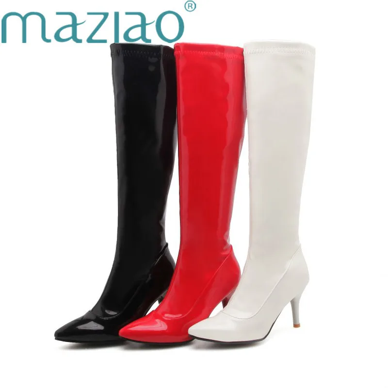 Женские сапоги до колена пикантные вечерние туфли из лакированной кожи на