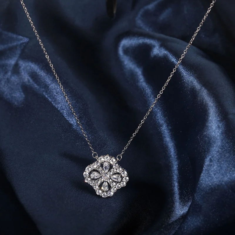 

New Trendy Water Drop Pendant Necklace Clover Design Zircon Clavicle Chain Women Bridal Wedding Jewelry Gift