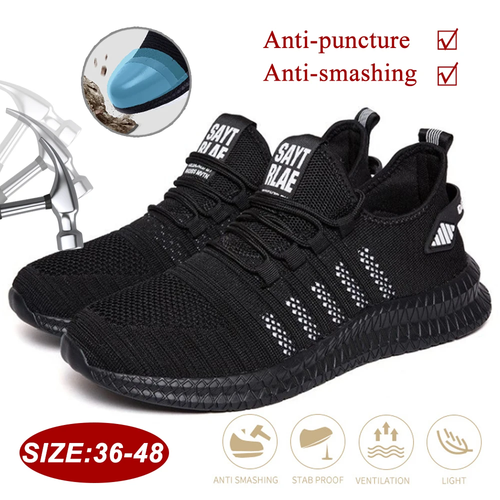 

Mens Safty Work Shoes Non-Slip Anti-puncture Working Sneakers Light Weight Breathable Safety Steel Toe Boots Plus Size EUR 36-48