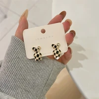 new fashion checkerboard bear earrings for women temperament girls black and white lattice dripping earrings luxury jewelry