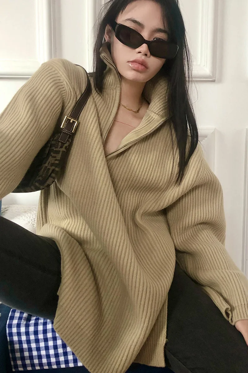 

French Minority Retro Thread Knitted Sweater European American Ins Style Personalized Zipper High Collar Top Casual Sweater Tren