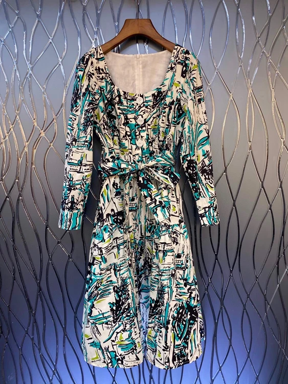 

2021 new women fashion back neckline zipper decoration tie knotted waist long sleeve skirt dress 1015