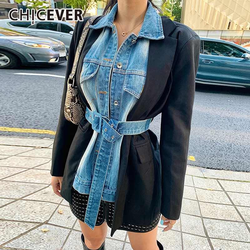 Женский Джинсовый блейзер CHICEVER лоскутный Блейзер популярного цвета с длинным