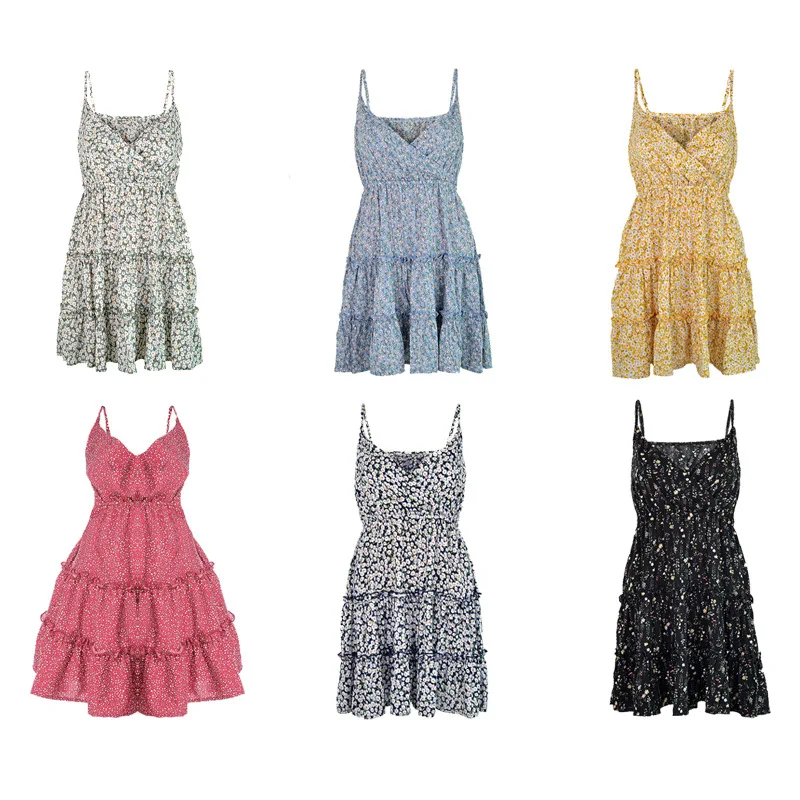 

2021 Summer Dress European American Sexy Halter V-neck Dress Floral French Chiffon Mini Dress Clothing Women