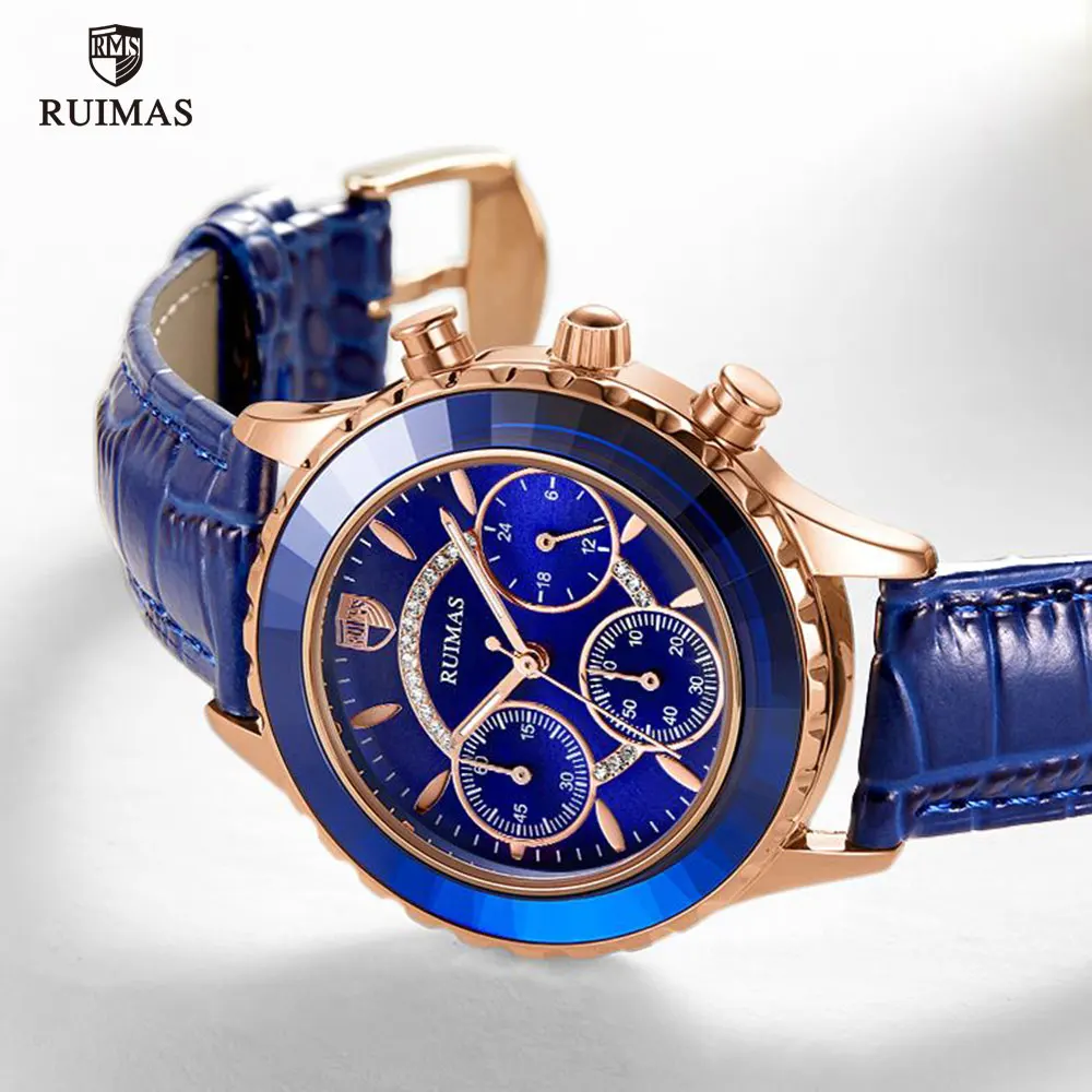 Роскошные Кварцевые часы RUIMAS для женщин синие наручные с кожаным ремешком