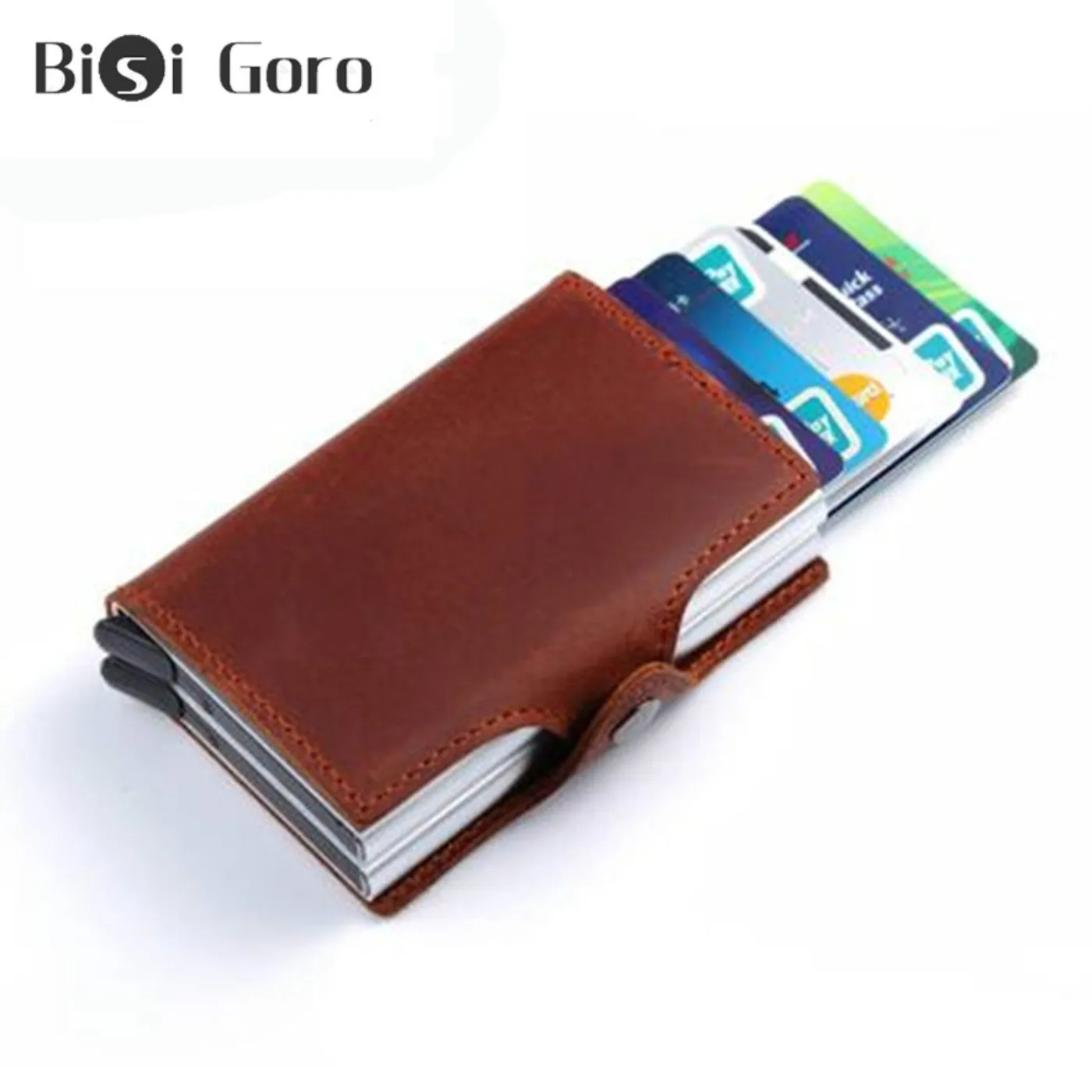BISI GORO, Умный кошелек из натуральной кожи, RFID, кредитный держатель для карт, алюминиевая двойная коробка, винтажный кожаный кошелек Crazy Horse, маленький кошелек для карт