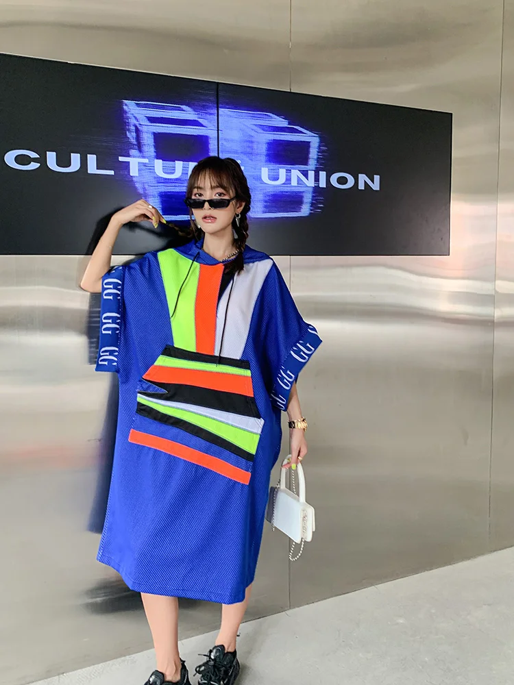 

2021 Summer Women Loose Rainbow Panel Half Sleeve Hooded Dress