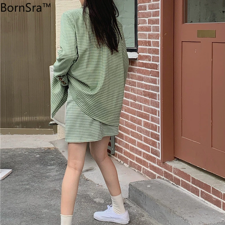 

Bornsra 2021 Office Lady plaid women suits skirts tops office Full Regular long sleeve suits 2 piece set women suit blazer skirt