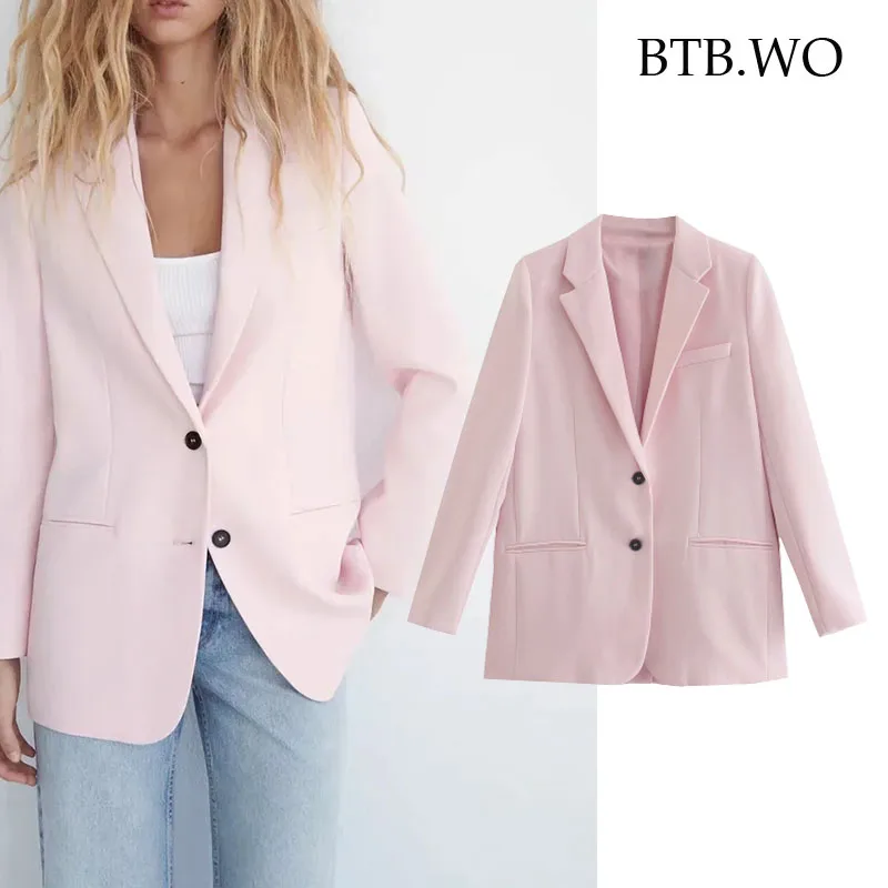 

BTB.WO Za 2021 Women Fashion Single Button Loose Blazer Coat Vintage Long Sleeve Flap Pockets Female Outerwear Chic Veste
