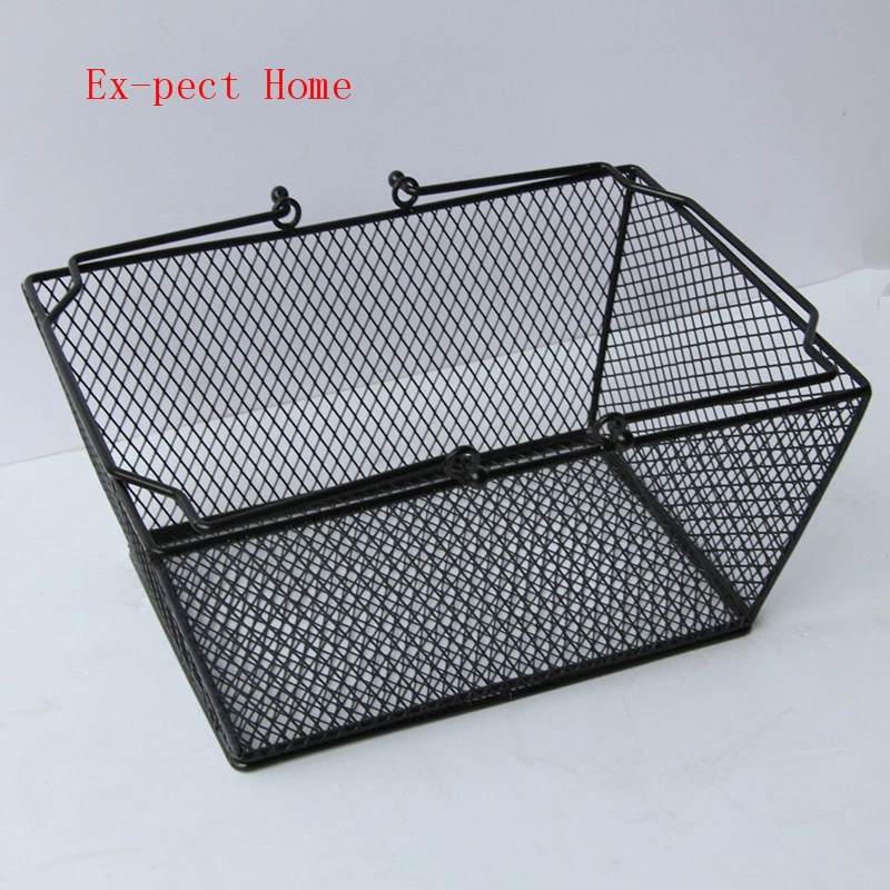 

10pcs Black Cosmetics Storage Baskets Hollowed Out Design Skep With Handle Iron Wire Mesh Shopping Basket