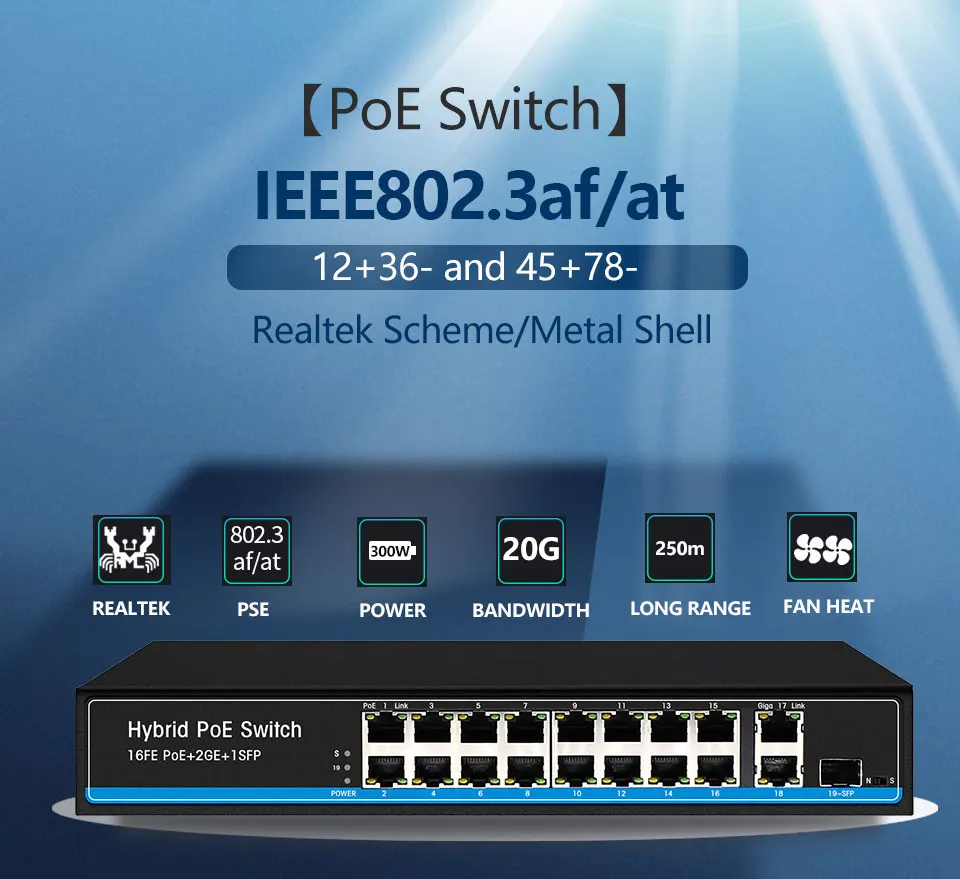 16 портов PoE коммутатор для ip-камеры с 2 портами 1000 м uplink 1 порт SFP PoE Ethernet коммутатор PoE 48 в коммутатор