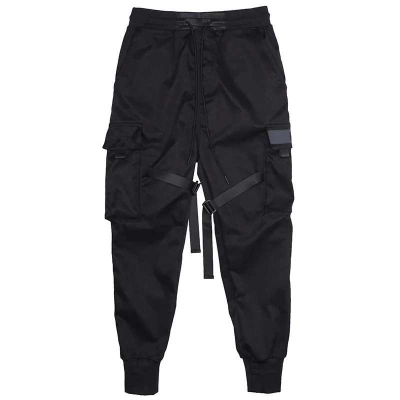 

Men Ribbons Color Block Black Pocket Cargo Pants Harem Joggers Harajuku Sweatpant Hip Hop Trousers