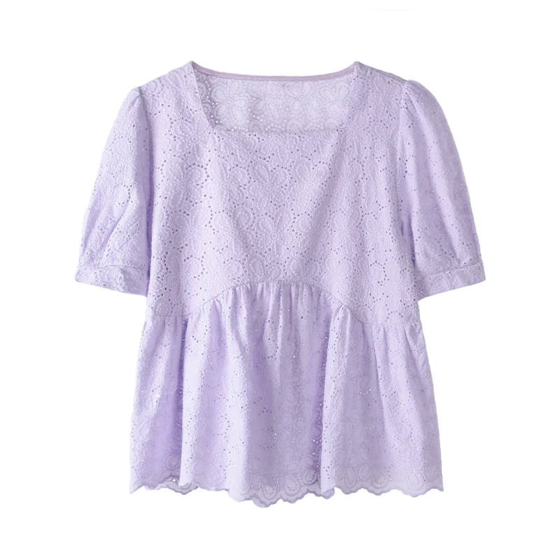 

Short sleeve women's summer thin design niche 2021 new square collar Purple Baby Shirt Top bubble sleeve white shirt